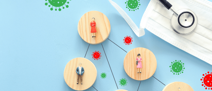 Wooden circles with images of various people on them, connected by black lines on a blue background. They are surrounded by red and green images of viruses. In the upper corner is a stethoscope resting on top of a white face mask. To represent that Clarivate and HealthWise Data partner to enhance RWD with SDoH.