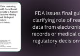 White text reading 'FDA issues final guidance clarifying role of real-world data from electronic health records or medical claims in regulatory decision-making' next to an image of a document. All on a purple gradient background.