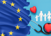 An EU flag over a light blue background, next to a stethoscope wrapped around an image of a red heart. 3 stick figure children cut out of paper are holding hands with two stick figure adults. Above them is another red heart. To represent that stakeholders call for updated ATMP methodologies for JCA.