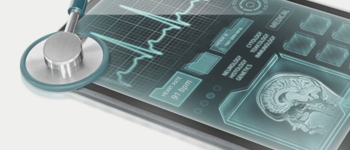 A stethoscope resting on an iPad. On the screen is a image of a brain, some graphs and various medical files. To represent that Verana Health and HealthVerity to boost clinical insights with RWE.