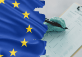 An EU flag over an image of someone wearing a blue latex glove writing on a clipboard. The paper on the clipboard reads 'Patient Medical Report'. To represent updated report summarizes EMA's RWD progress for EU.