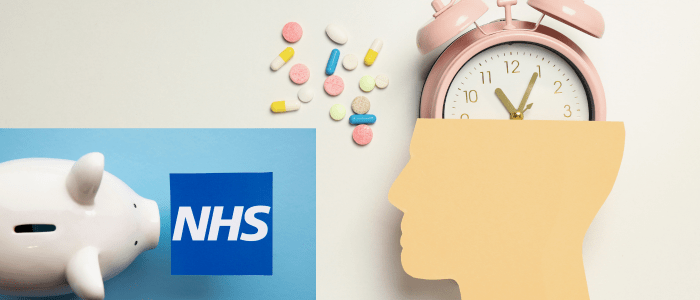 A paper cut out of a head, made from yellow paper, on a white background. The top of the head is cut off, and a pink alarm clock emerges from the brain area. Outside of the head are various pills and tablets in different colours. In the corner, on a blue background, is a piggy bank next to the NHS logo. To represent that NICE opposes NHS coverage for the Alzheimer’s drug Lecanemab.