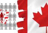 An image of the Canadian flag over an image of grey stick figures wearing white masks. In the middle of these figures is a red figure with no mask, surrounded by symbols representing illness. To represent that Canada’s Drug Agency releases rare disease registries inventory.