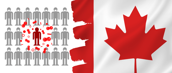 An image of the Canadian flag over an image of grey stick figures wearing white masks. In the middle of these figures is a red figure with no mask, surrounded by symbols representing illness. To represent that Canada’s Drug Agency releases rare disease registries inventory.