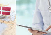 On the left of the image, the flag of Denmark (red with a white cross) is stuck on a map of Denmark. On the right of an image, a Dr in a white lab coat looks at an iPad. To represent that Danish RWD study leads Medicines Council to reassess treatment.