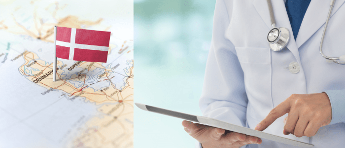 On the left of the image, the flag of Denmark (red with a white cross) is stuck on a map of Denmark. On the right of an image, a Dr in a white lab coat looks at an iPad. To represent that Danish RWD study leads Medicines Council to reassess treatment.