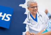 On the left of the image is the NHS logo on a dark blue background. On the right, a Dr in a white lab coat, wearing a stethoscope, holds hands with a patient receiving an IV treatment and wearing a scarf over their hair. To represent that Flatiron Health partners with NHS trust to use RWD for cancer care.