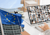 Building with European Union flag next to an image of a computer screen showing a virtual meeting. Concept represent joint scientific consultations for medicines in Europe.