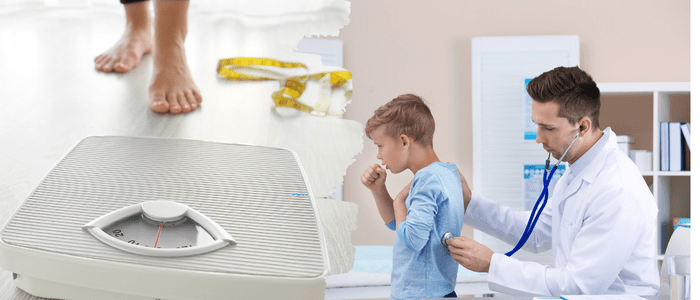 On the left, a person stands in front of electronic scales, next to a yellow measuring tape. On the right, a Dr examines a child who is coughing. To represent that PCORI awards $37M to implement CER in US health systems.